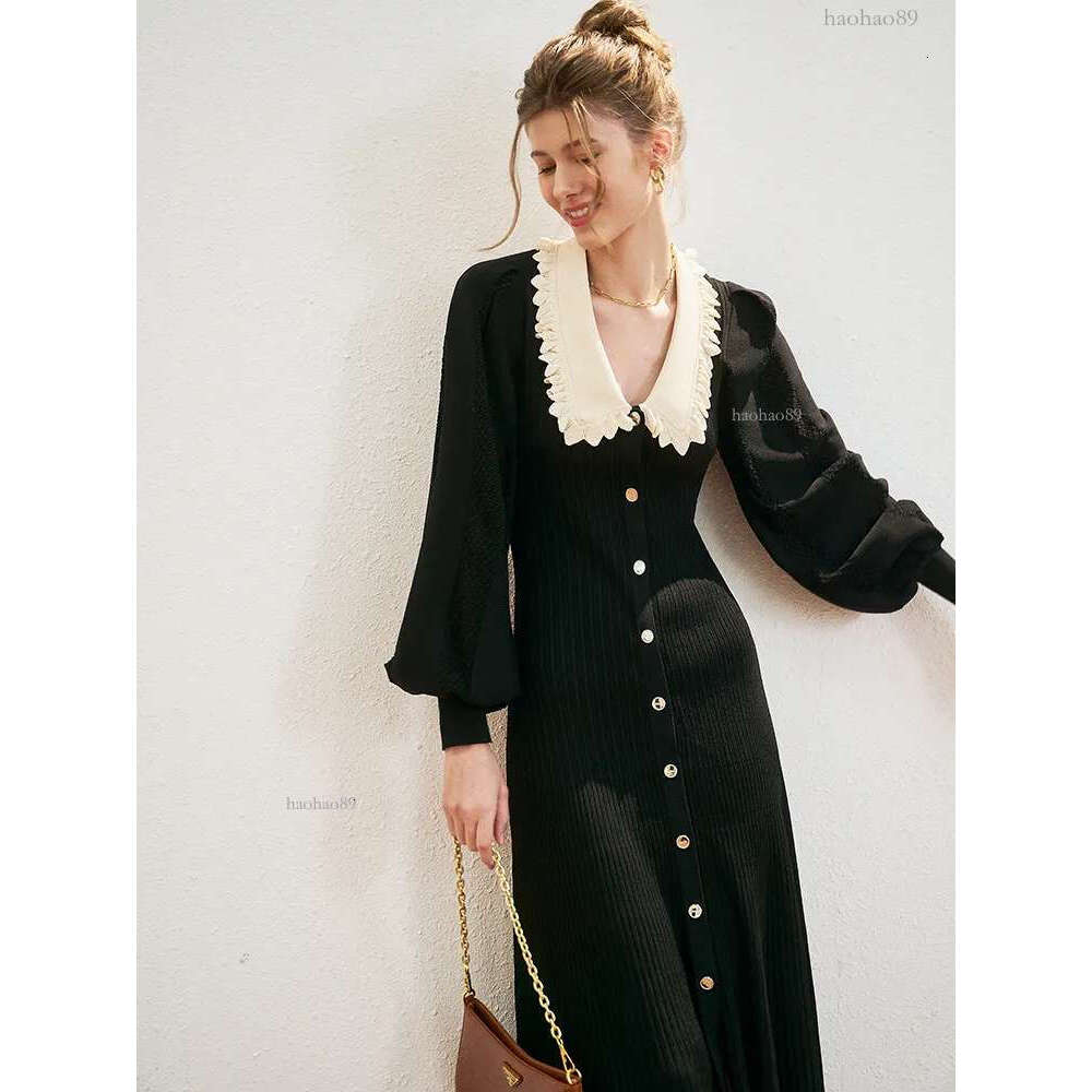 Casual Dresses IOO Viscose Fitted Sweater Frilled Statement Collar Long Sleeve Knitted Midi French Pairs Fashion Sandro 221117