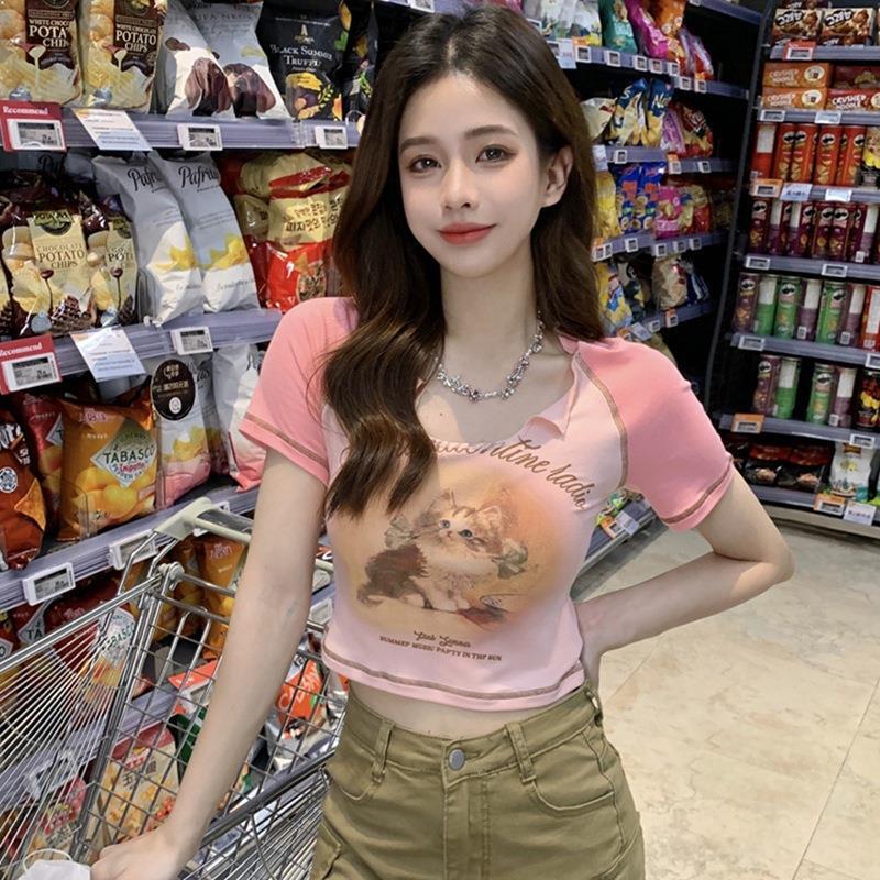 Designer American Cotton Women's Cat Sleeve T-shirt 2025 Summer New Style Girl Slimming Short Sweet And Spicy Top