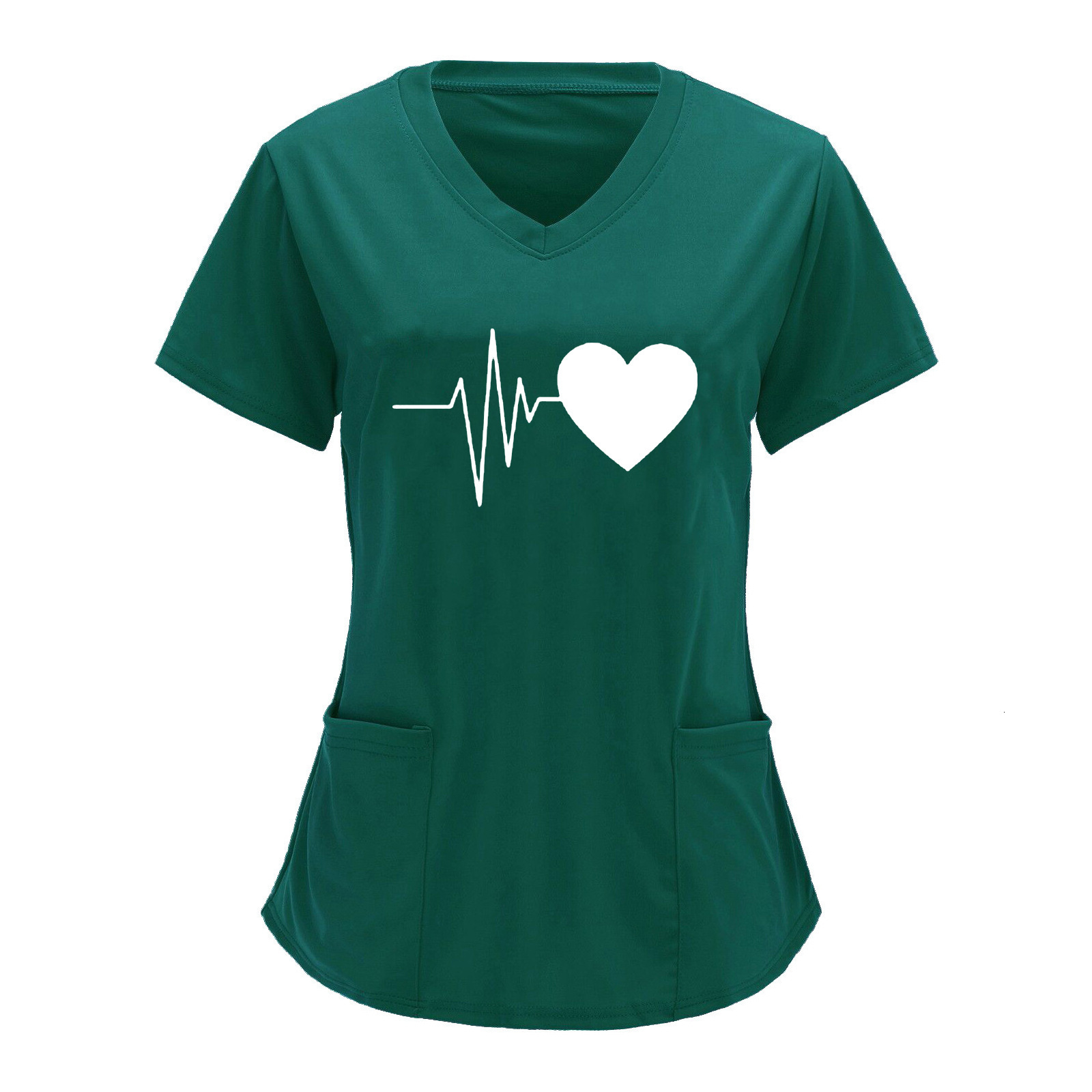 2025 Designer Nurse Protective Work Clothes V-neck Double Pocket Heartbeat Printed Shirt Short Sleeve T-shirt Large Size