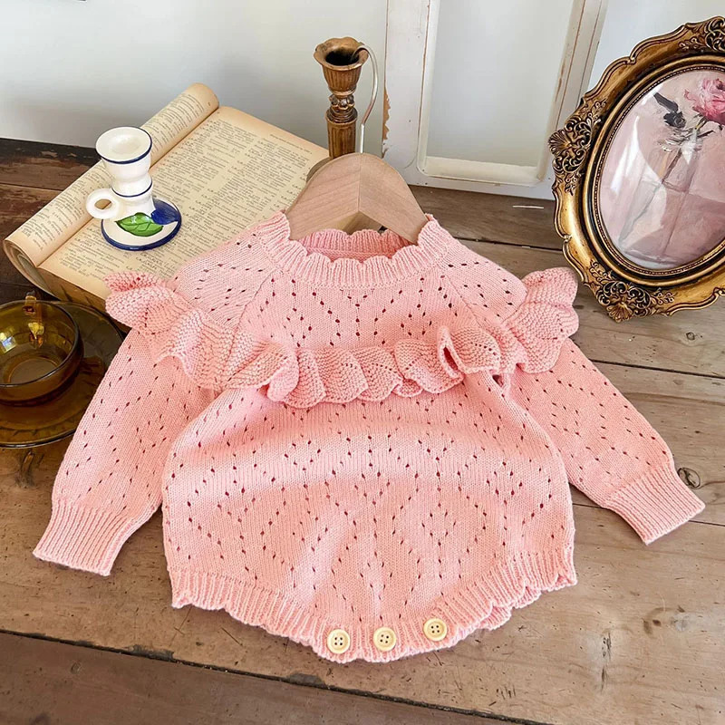 2024 Baby Girls Knitting Bodysuits Long Sleeve Solid Color Hollowed Out Spring Autumn born Baby Girls Knitting Jumpsuit 250208