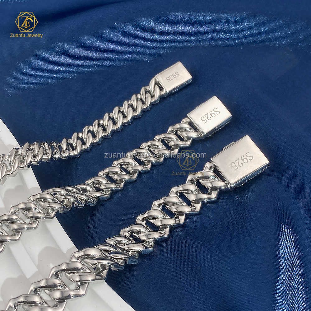 Hip Hop Iced Out Whited Gold Plated Sterg Sliver 8mm 10mm 12mm Moissanite Cuban k Chain Bracelet for Men Women