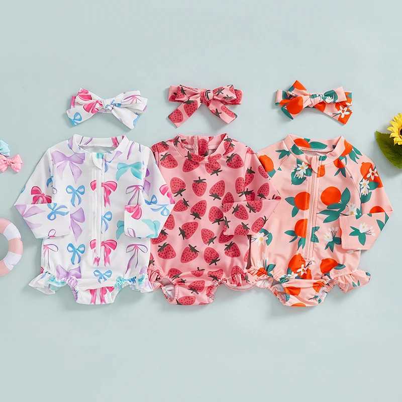 Toddler Kids Baby Girls Rash Guard Swimsuits Long Sleeve Bow/Fruit Print Bathing Suits Infant Zipper Swimwear with HeadbandXJ250214