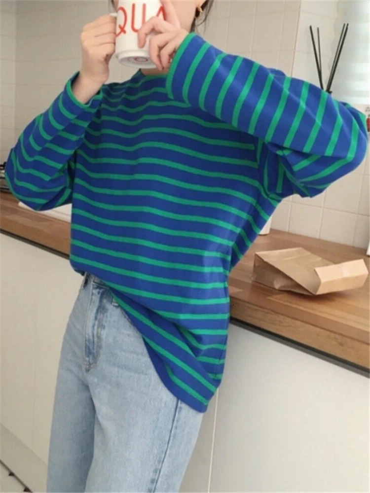 Seoulish Autumn Cotton Classic Striped Womens TShirts Long Sleeve ONeck Casual Loose Shirts Female Knitting Tops 250211