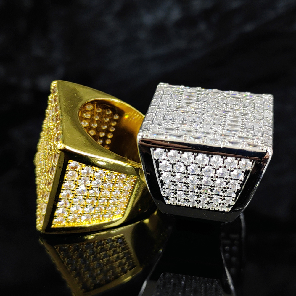 Hip Hop Cool Men Big Square Casting Ring TopBling T Zircon 18K Real Gold Plated Finger Ring