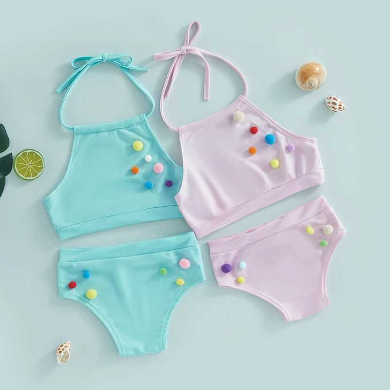 Yiiciovy Kids Baby Girls 2pcs Bikini Sets Swimsuits Summer Plush Ball Sleeveless Bandage Halter Tops + Beach Shorts Swimwear SetXJ250214