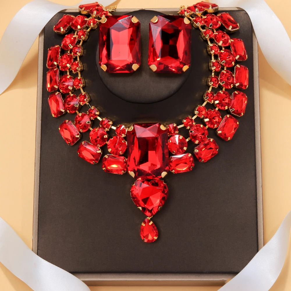 Stonefans Red Exaggerate Necklace Earring Set Wedding Accessories Geometric Rhinestone Nigeria Bridal Jewelry Set 250213