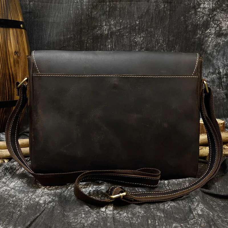 Men's Genuine Messenger A4 Vintage Crazy Horse Leather Shoulder Cowhide Magnetic Flap Laptop Crossbody Bag