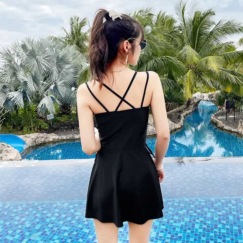 Women on the Beach Conservative Belly-covering Slimming Body Dress Style Angular Small Breasts Gathering Hot Spring SwimsuitW250214