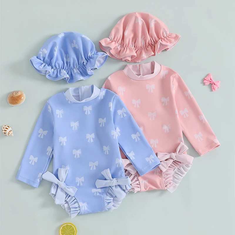 0-3Years Baby Girl Swimsuit Summer Cute Bow Print Long Sleeve Ruffled Bathing Suit with Sun Hat Rash Guard Beach SwimwearXJ250214