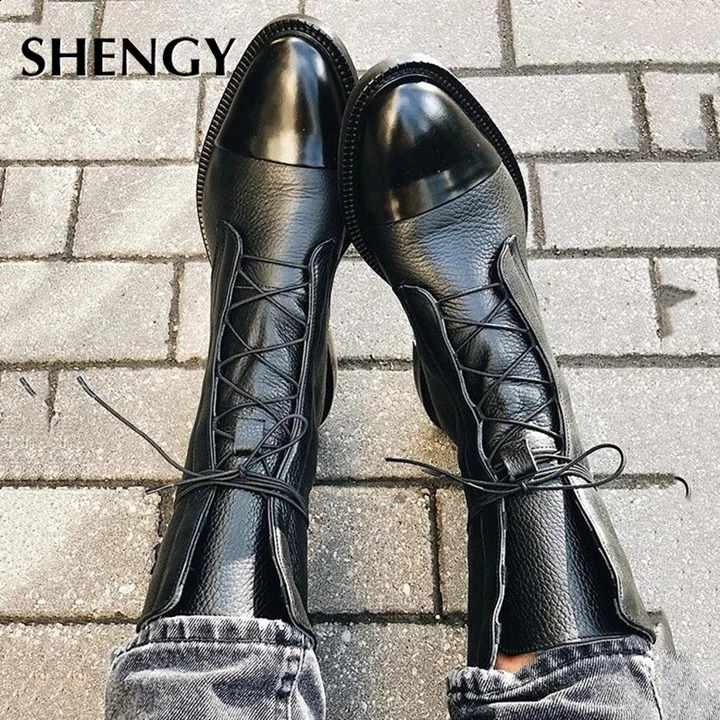 SHENGY Patent Leather British Style Flat Boots Black Pointed Toe Boots Handsome Motorcycle Boots Womens Boots 250214