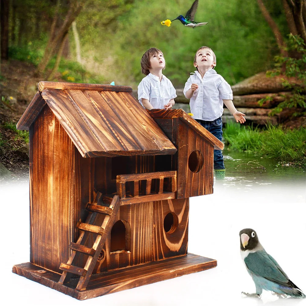 Pet Bird Squirrel Wooden Hanging Cage House Toy Outdoor 250206