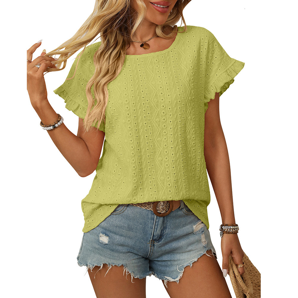 Designer Women Clothing 2025 Spring/summer New Product Solid Color Round Neck Sweet Short Sleeve T-shirt Hollow Top
