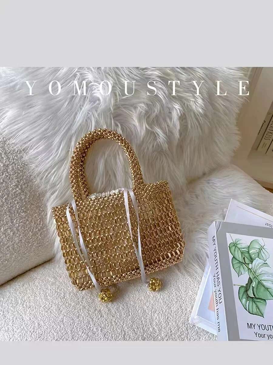 Metallic Shiny Beads Beading Bucket Large Capacity Fashion Women Handbag Woven Handmade Shoulder Lady Purse Casual Bag