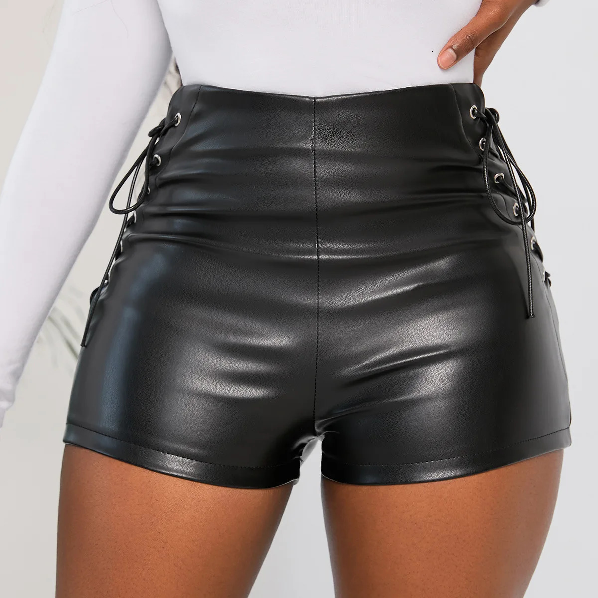 Sexy Black PU Fashion Casual Summer Short Faux Leather Lace Up Goth Club High Waist Shorts Y2K Slim Pants Ecoparty 250213