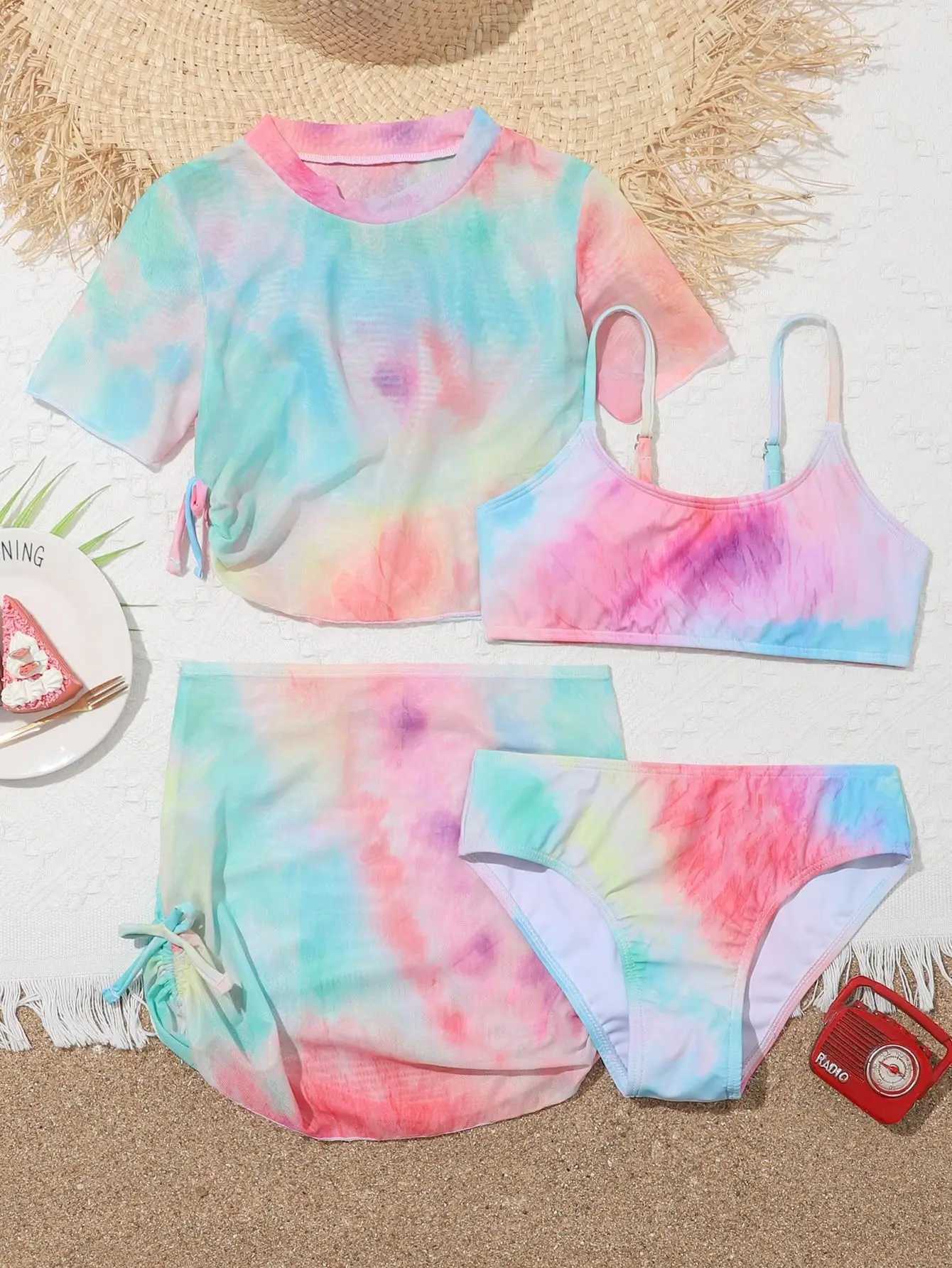 4 Pieces Bikinis Set Top Skirt 2023 Girls Swimsuit Kids Swimwear Female Children Bathers Bathing Swimming Swim Suit BeachwearXJ250214