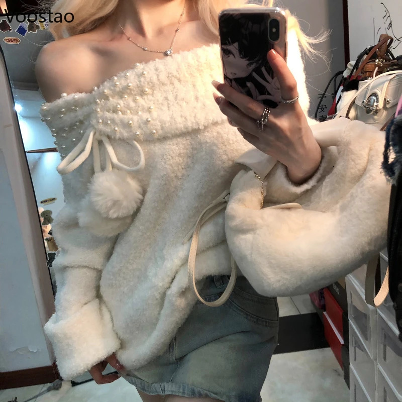 Harajuku Knitted Sweaters Autumn Winter Y2k Off Shoulder Long Sleeves Pearl Plush Ball Sweet Pullovers Women Casual Knitwear Top 250210