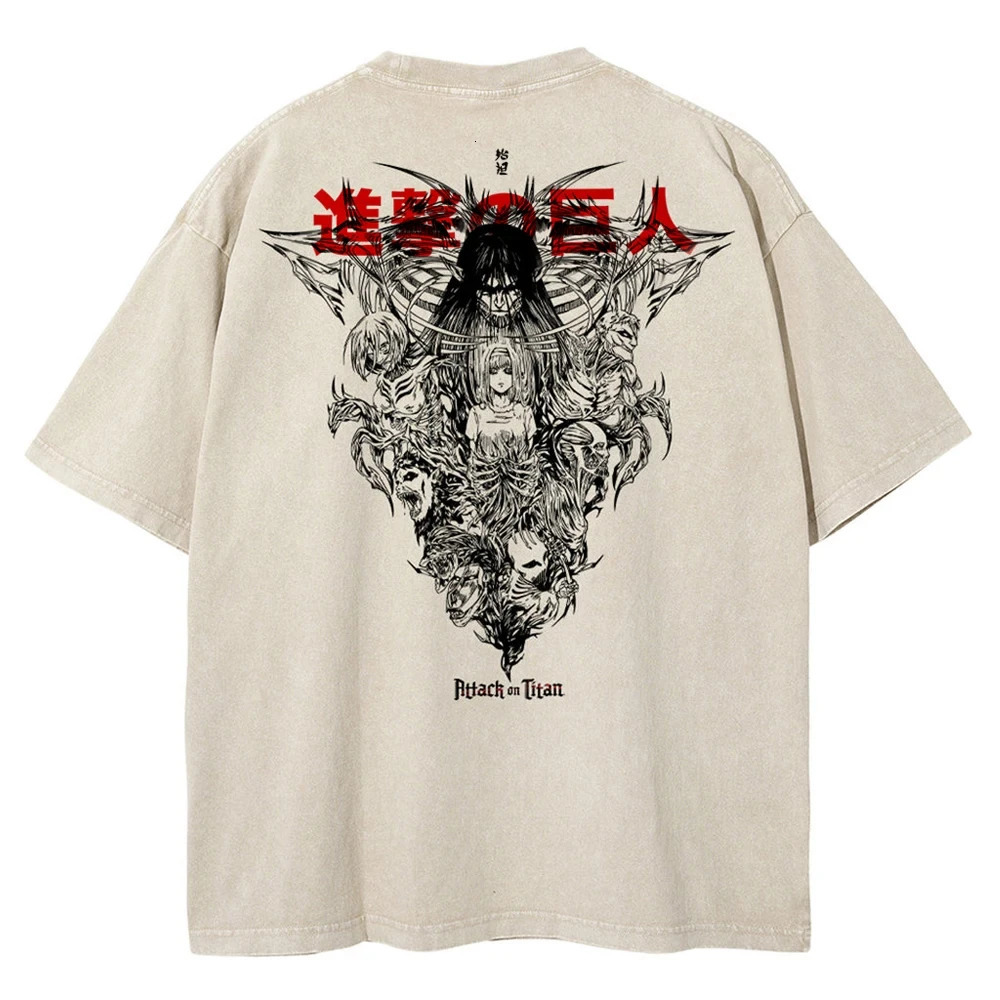 Men Washed Anime Attack On Titan T-Shirt Hip Hop Streetwear Graphic Print Oversize Tshirt Short Sleeve Cotton Loose Vintage Tops 250210
