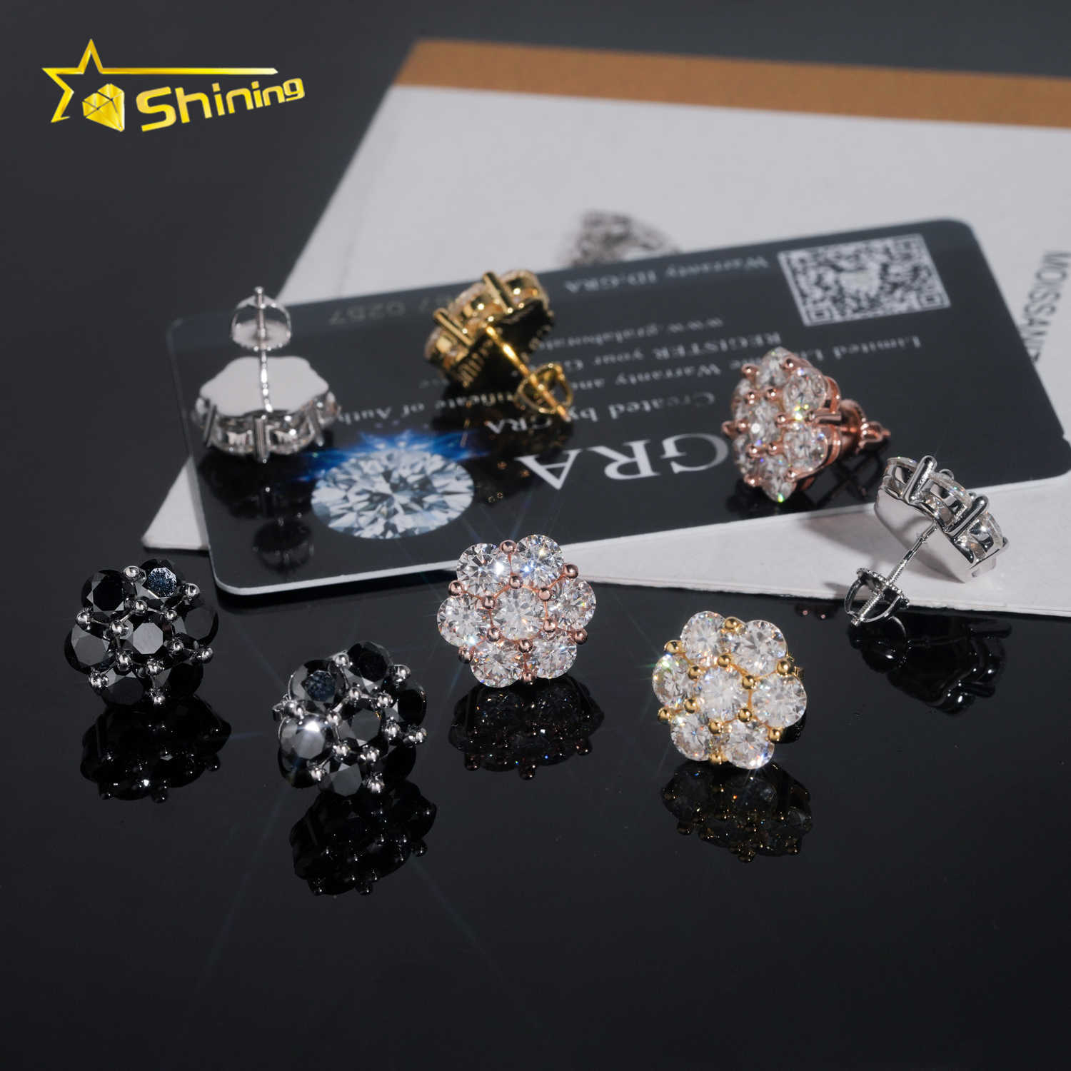 Hot Sale Design Gold Plated Flower Set Lab Diamond Moissanite S925 Sterling Silver Iced Out Jewelry Stud Earrings Men Women