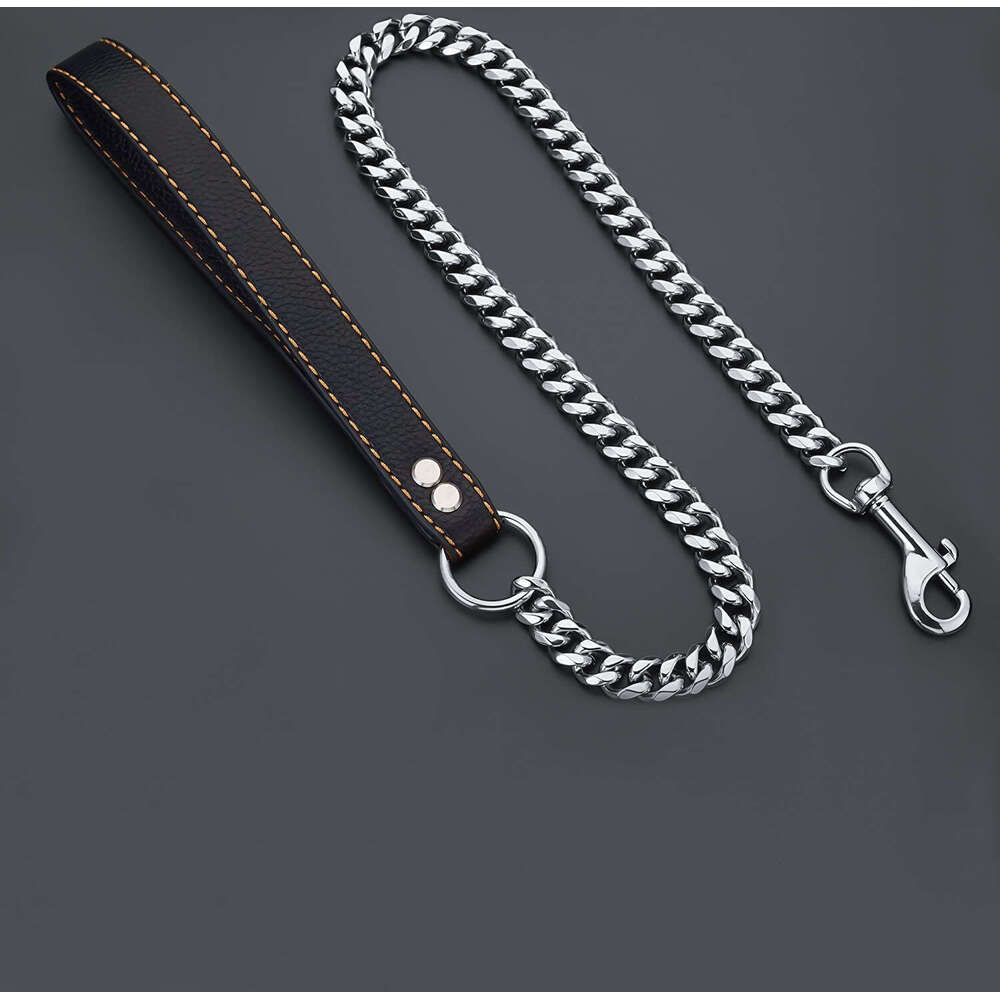 15mm stainless steel dog chain in steel/gold color, comfortable for non gripping dogs and pet supplies, black leather single six traction rope