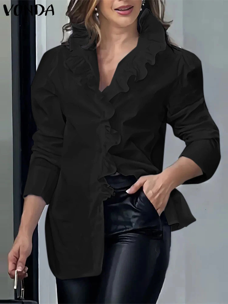 Plus Size VONDA Elegant Shirts Women Casual Long Sleeve Solid Tops Autumn Ruffle Stand Neck Tunic Button Front Vintage Blouses 250210