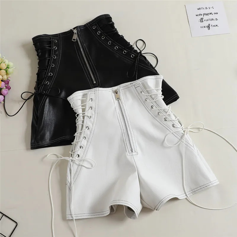 Autumn Women PU Shorts Tie Bow Bandage High Waist Casual White Black Leather Ladies All Match Wide Leg 250213