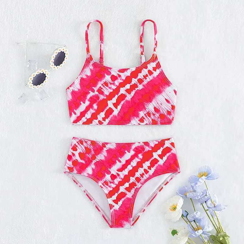 Summer Kids Girls Swimsuit 2Pcs Bikini Tops Suspenders+Shorts Print Children Girls Beach Swimwear Sets 4-7YXJ250214