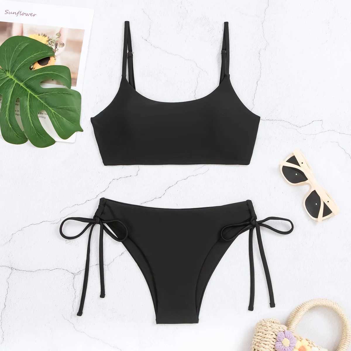 2024 Black Bandeau String Bikinis Female Swimsuit Women Swimwear Two-pieces Bikini Set High Waist Bather Bathing Suit Swim LadyW250214
