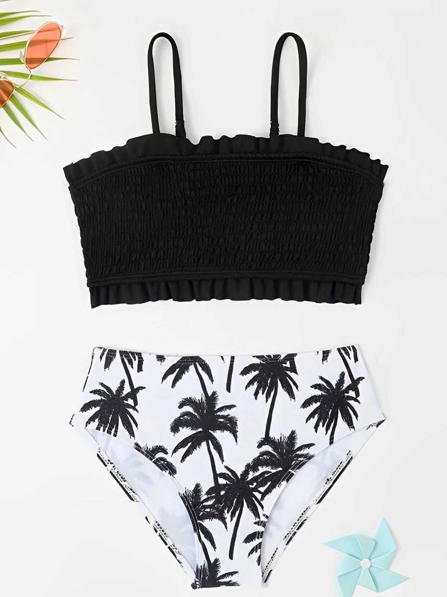 2024 Print Strappy High Waist Bikini Girls Swimsuit Kids Swimwear Female Childrens Bathers Bathing Swimming Swim Suit BeachwearXJ250214