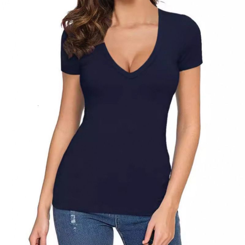 Designer Free Shipping Fashion Casual Versatile 2025 Spring/summer V-neck Sexy Solid Color Basic Slim Fit T-shirt