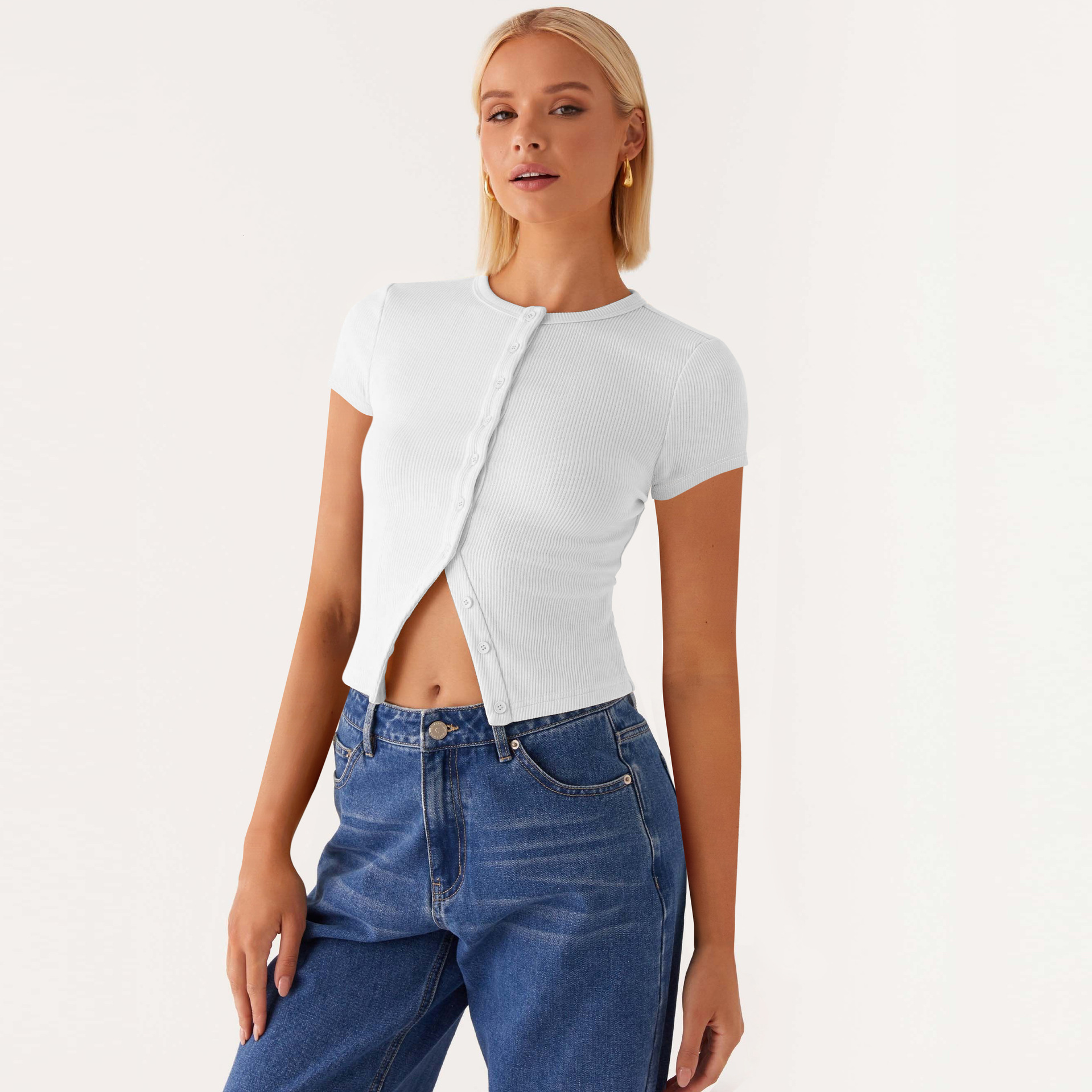 Designer Fashion Trend Free Shipping 2025 Summer Women Clothing New Collection Buckle Slimming Short Sleeved T-shirt Single Breasted Knitted Top