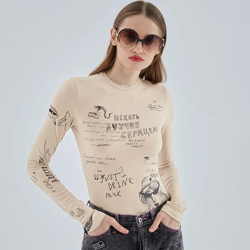 Apprabant Fashionable Letter Printed Bodysuits Women Round Neck Long Sleeved Slim Fit Streetwear Versatile Casual Bodysuit 250213