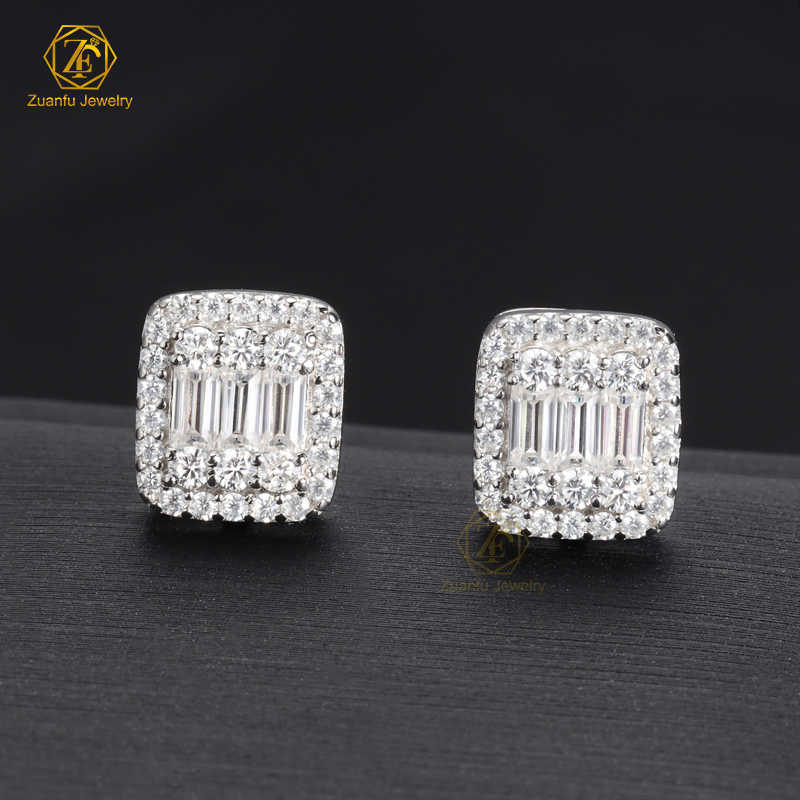 925 Silver Jewelry Mens Iced Out Earrings 14k White Gold Hiphop Screwback Cushion Cluster VVS Moissanite Stud Earrings