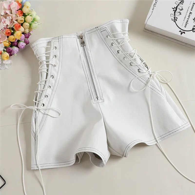 Autumn Women PU Shorts Tie Bow Bandage High Waist Casual White Black Leather Ladies All Match Wide Leg 250213