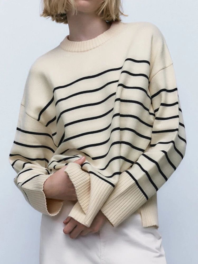 Beige Stripe Baggy Sweater Women Pullover Streetwear Long Sleeve Knitted Tops Female Jumper Autumn Winter Loose Sweaters 250211