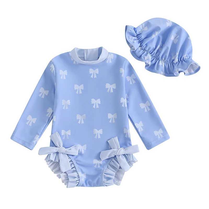 0-3Years Baby Girl Swimsuit Summer Cute Bow Print Long Sleeve Ruffled Bathing Suit with Sun Hat Rash Guard Beach SwimwearXJ250214