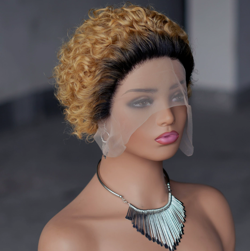 Pixie Wig Afro Curly 1B# 1B/27# 1B/30# 100% Human Hair 13X1 Lace Wig 613# 1B 99J Ombre Color
