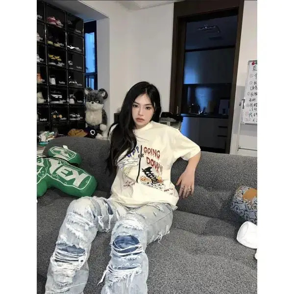 Y2K Jeans Mens Womens Hip Hop Rock Ripped Pants Retro Blue Loose Jeans Fashion Harajuku High Waisted Wide Leg Pants Street Wear 250210