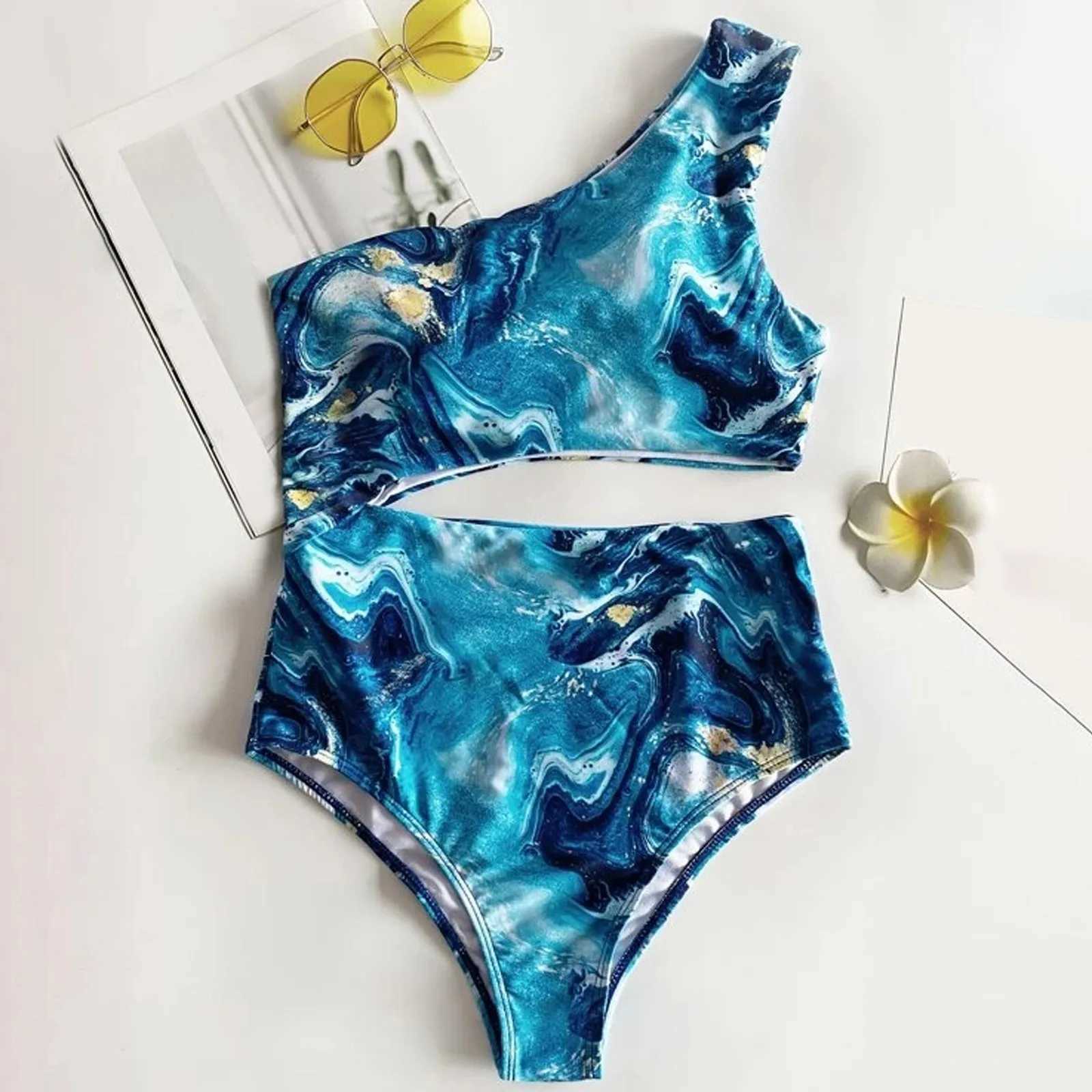 Womens Bikini Starry Sky Printed One Shoulder Swimsuit Hot Sexy Swimwears Tankinis Set Hollowing Out Swimwears SwimsuitW250214