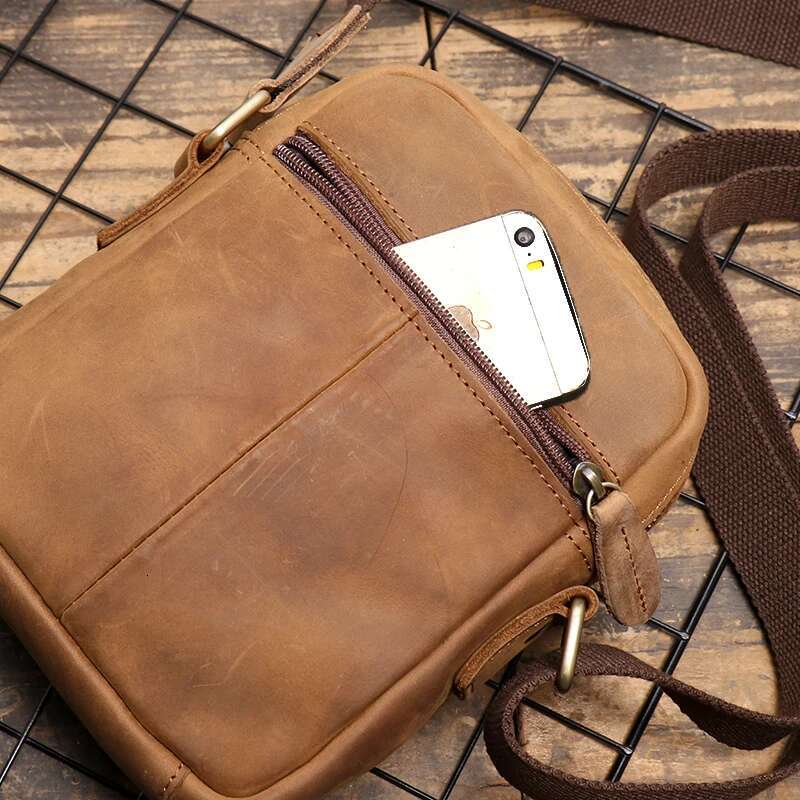 Leathfocus Men's Leather Shoulder Vintage Simple Vertical Phone Cowhide Sg Satchel 7.9-Inch Ipad Bag