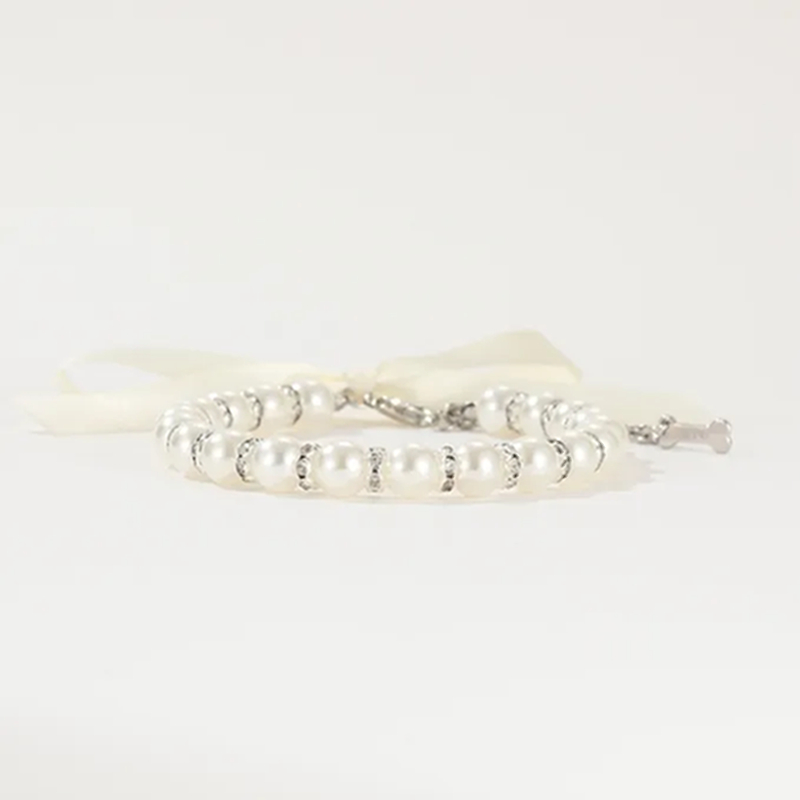 Luxury Dog Necklace with Rhinestone Pendant White Bow, Pearl Necklace for Girl Cats Dogs, Shiny Pet Neck Decoration, Adjustable Pet Necklace for Cats 