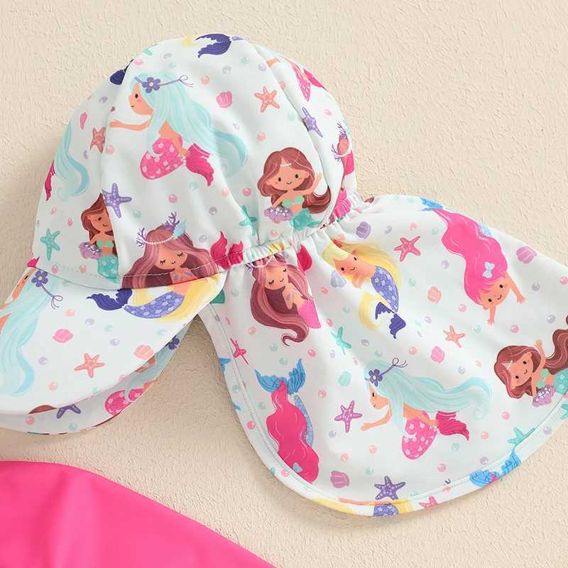 MISOWMNJOY Children Baby Girls Bathing Suit Summer New Rash Guard Swimsuit with Hat Shell Pattern Zip Up Long Sleeve SwimwearsXJ250214