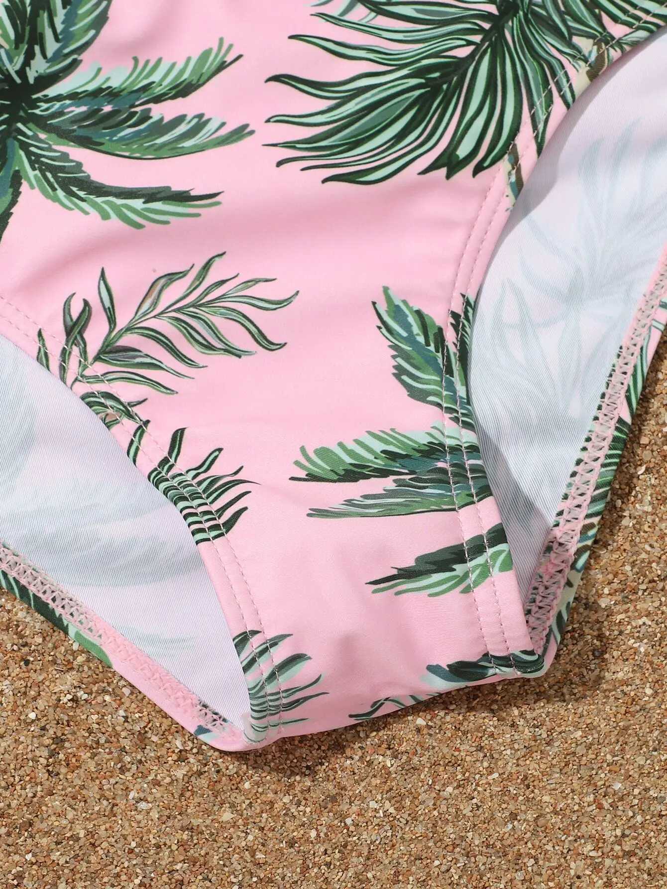 Girls 3pack Palm Tree Print Pink Bikini Kids Swimsuit Kimono 7-12 Years Three Pieces Childrens Swimwear Cover Up Bathing SuitsXJ250214