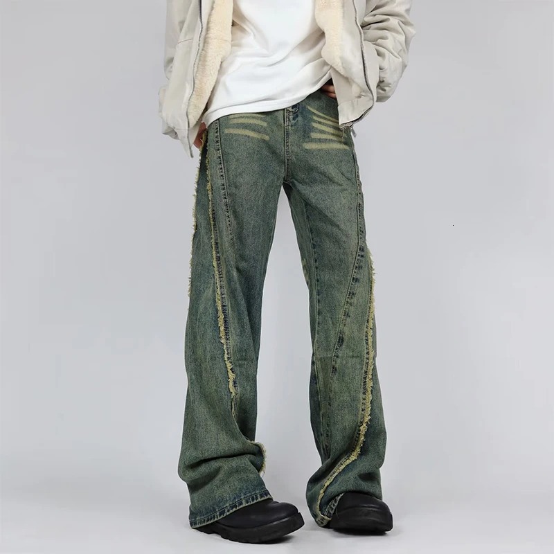 Streetwear Fashion Denim Trousers Mens Spring Fall Trendy Patchwork n Jeans For Men Vintage Fringed Solid Color 250214