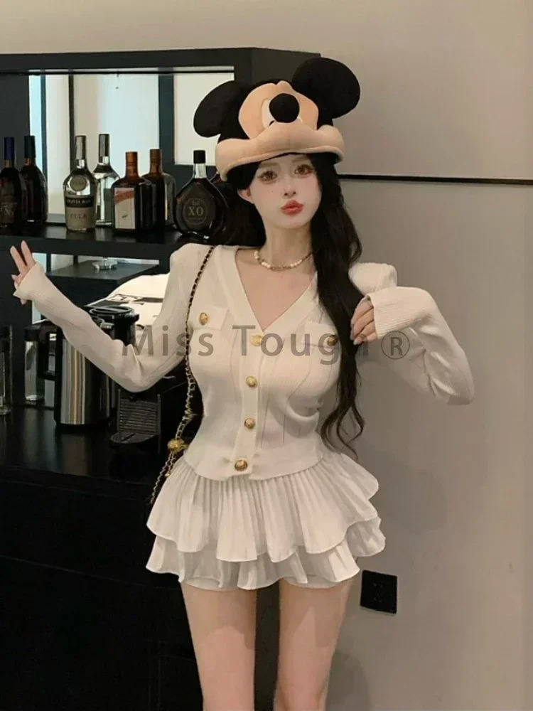 Winter Elegant Knitted Two Piece Set Women V-neck Sweater TopsCake Skirt Female Casual Korean Fashion Slim Vintage Set 250210