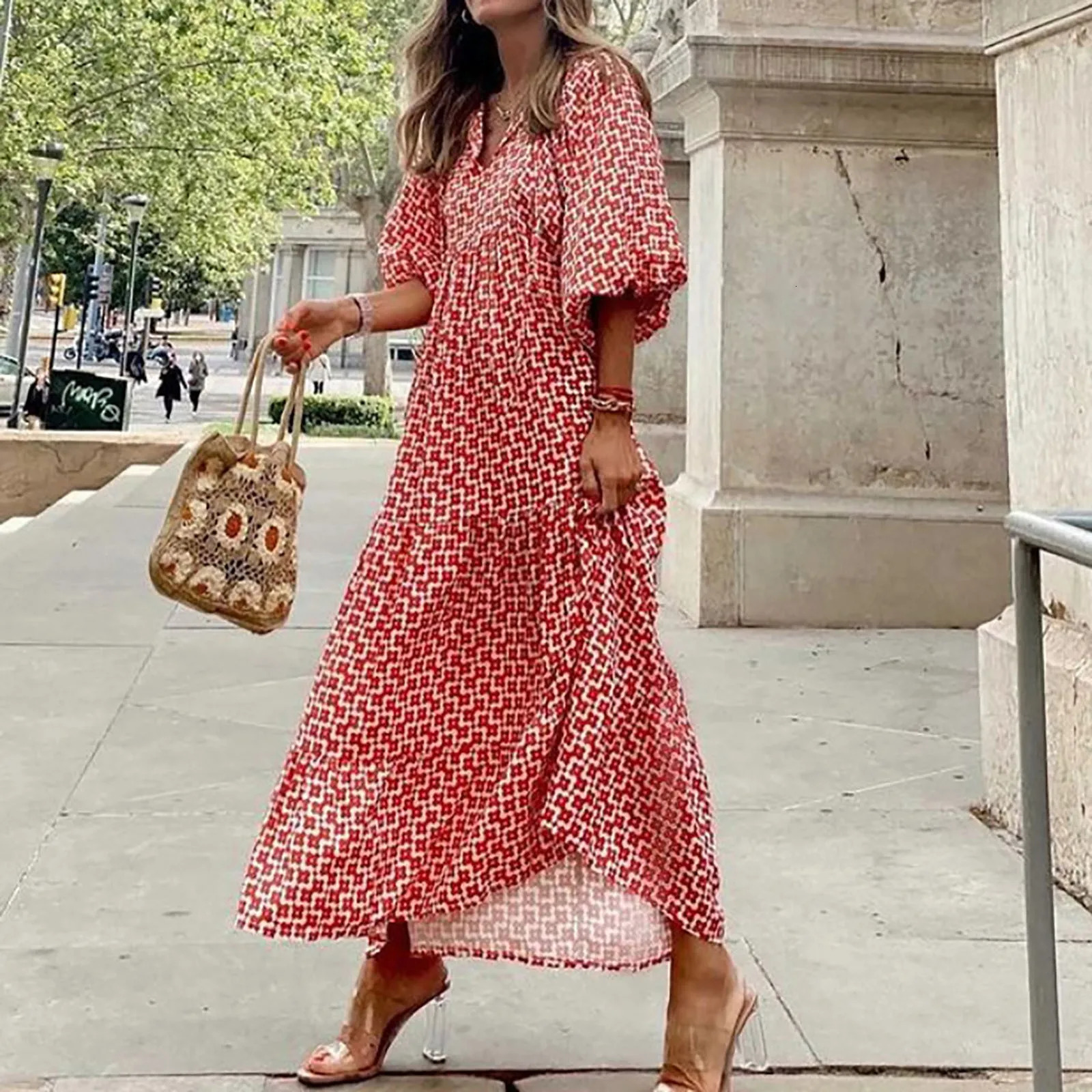 Bohemian printed bubble sleeves Sundress womens streetwear tie oversized long skirt summer dress long skirt 250213