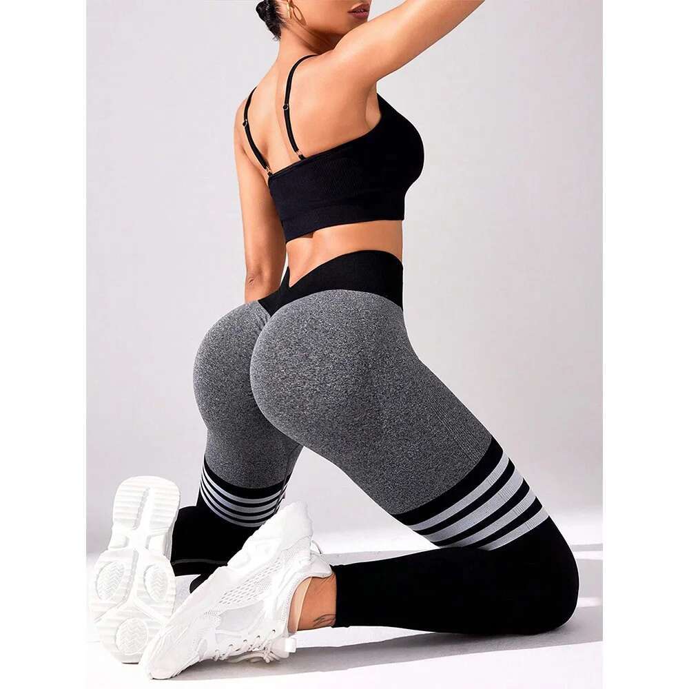 Women Seamless Stripe Yoga Leggings Sexy High Waist Tummy Control Scrunch Butt Lifting GYM Workout Pants Outdoors Sports Fiess