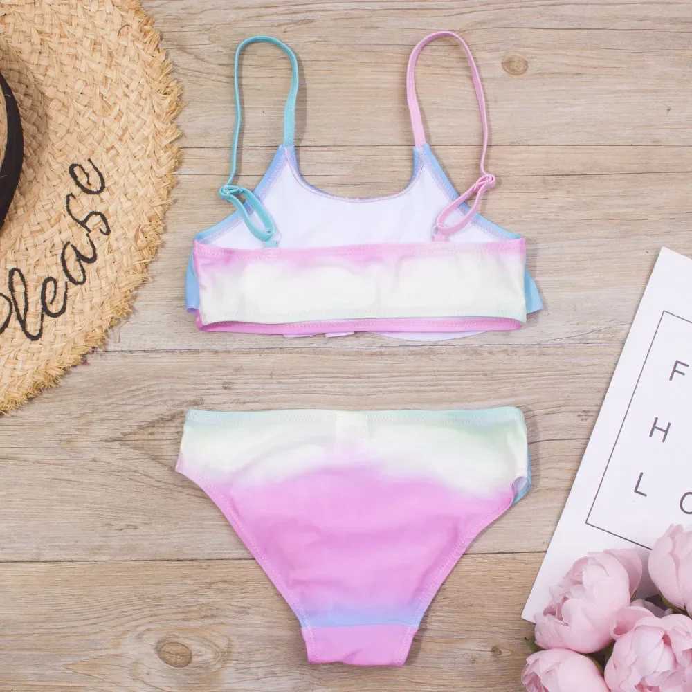 2024 New Foreign Trade Girls Ruffle Bikini Swimsuit Gradient Leopard Print New 230XJ250214