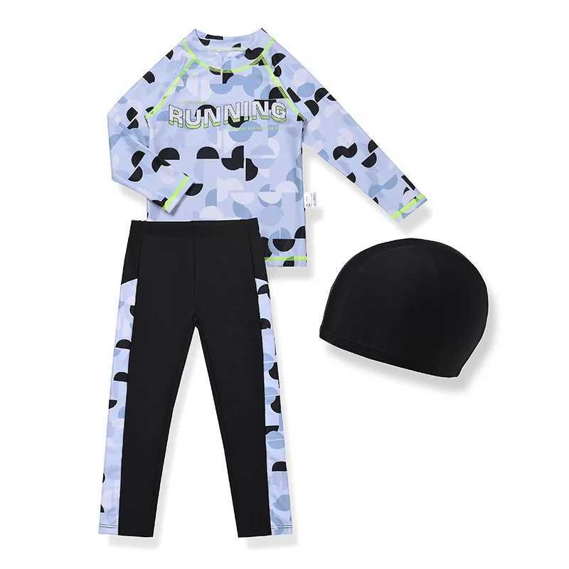 3 Pcs Boy Swimsuit Sun Protection UPF 50+ Long Sleeve Swimming Sunsuit With Hat Split Bathing Suits Children Swim PantsXJ250214