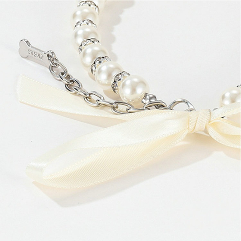 Luxury Dog Necklace with Rhinestone Pendant White Bow, Pearl Necklace for Girl Cats Dogs, Shiny Pet Neck Decoration, Adjustable Pet Necklace for Cats 
