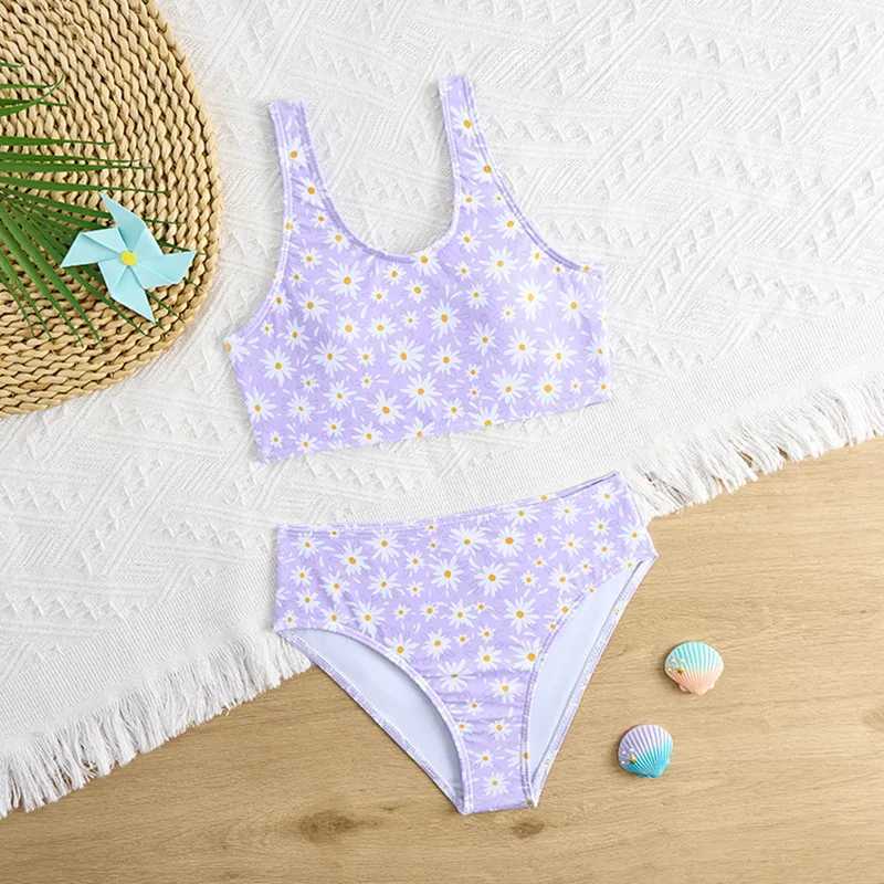 2025 Floral Girls Swimsuit High Waist Bikini Kids Swimwear Female Childrens Bathers Bathing Swimming Swim Suit Summer BeachwearXJ250214